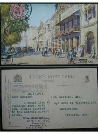Very Rare 1921 Straits Settlements Postcard " Raffles Place " Ties 4c Stamp Singpr