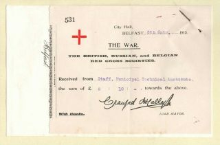 1915 Great War The British,  Russian & Belgian Red Cross Society Rare Receipt