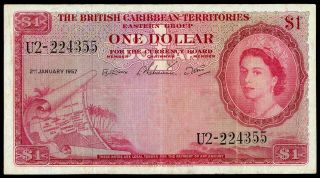 British Caribbean Territories 1 Dollar 1957 Pick 7b Queen Elizabeth Ii Rare