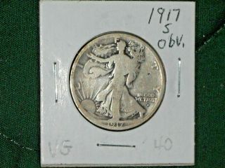 Rare 1917 - S (mark On Obv) Silver Walking Liberty Half Dollar – Grade " Vg "