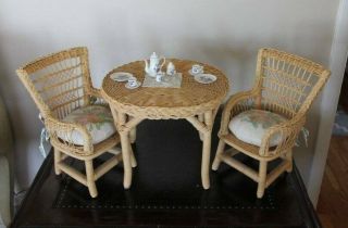American Girl Doll Samantha Wicker Table & Chair Set W/ Rare Tea Set
