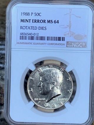 1988 - P 170 Degree Rotated Dies Kennedy Half Ngc Ms 64 110 Degrees - Rare