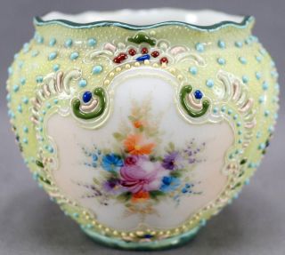 Rare Npsk Early Nippon Multi Color Moriage Green & Floral Rose Bowl 1880 - 1900