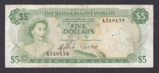 Bahamas 1965 5 Dollars Rare Green P - 20a 2 Signatures A Series
