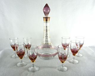Rare 19th C Baccarat Glass 8 X Sherry Goblet & Decanter - Gold Enamel Handpaint