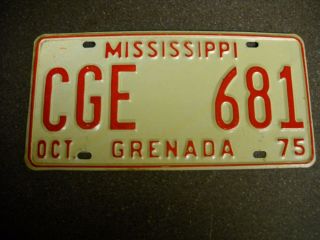 Rare Vintage 1975 Oct Mississippi License Plate Cge 681 Grenada Car Rod Man Cave