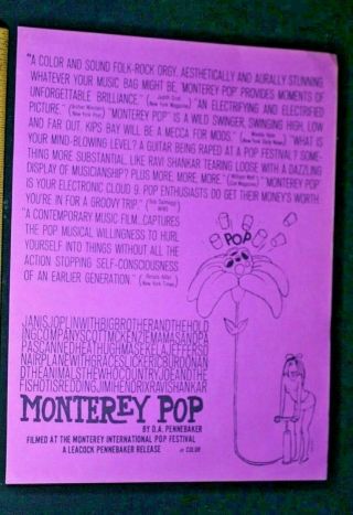 Monterey Pop 1968 Promo Sheet Rare Janis Joplin Jimi Hendrix