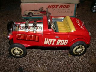 Rare Friction Hot Rod With Piston Action Tin Toy