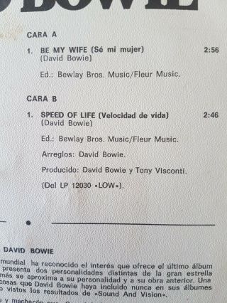 DAVID BOWIE - BE MY WIFE (Se Mi Mujer) RARE SPANISH 1977 7 