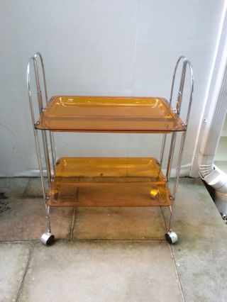 Rare Mid Century Modern Chrome Bar Cart Trolley Wheels Orange Trays