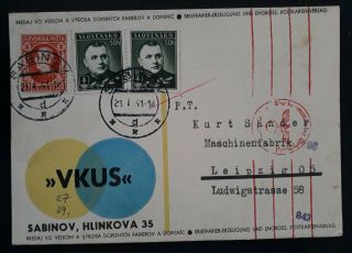 Rare 1941 Slovakia Censor Postcard Ties 3 Stamps Canc Sabinov To Leipzig