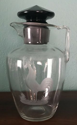Rare Vintage Steuben Art Deco Glass Etched Rooster Pitcher W Stopper - Waugh?