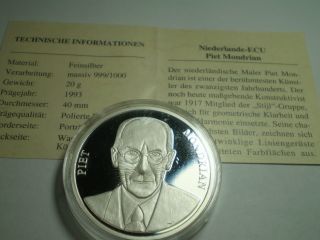 Vtg Rare Collectible 999 Fine Silver Ecu Coin - Netherlands 1993 Piet Mondrian.