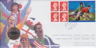 Gb Stamps First Day Cover 1999 Rugby World Cup & Rare Uncirculated £2 Coin