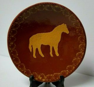 1982 Ned Foltz Pottery Horse 9.  25 " Plate Coggle Edge Sponge Redware Rare