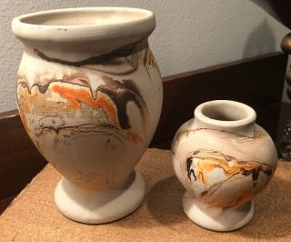 2 Rare Nemadji Pottery Vases Great Marbling Swirls American Indian Usa
