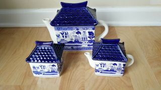Rare Blue Willow Japanese Pagoda Teapot With Creamer And Sugar Bowl
