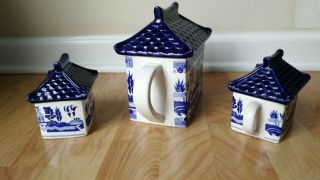 Rare Blue Willow Japanese Pagoda Teapot With Creamer And Sugar Bowl 4