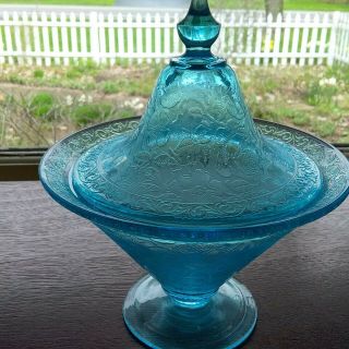 Rare Flower Garden With Butterflies 1920s Blue Depression Covered Candy Dish