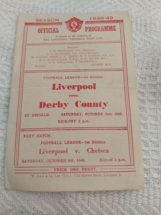 Liverpool Fc V Derby County October 2nd 1948 Div 1 And Very Rare