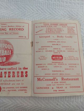 LIVERPOOL FC v Derby County October 2nd 1948 Div 1 And VERY Rare 4