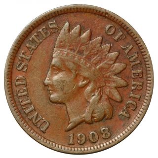 1908 - S U.  S.  Indian Head One Cent Penny Coin - Rare Key Date