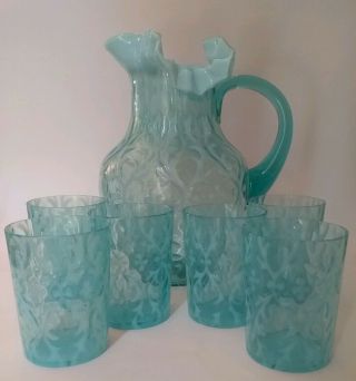 Northwood Blue Opalescent Spanish Lace Pitcher W/ 6 Tumblers,  Glasses,  Rare Set