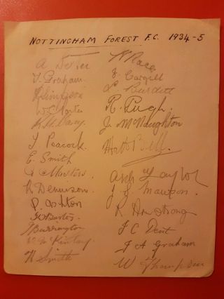 Nottingham Forest Football Team 1934 Signed Page.  Very Rare