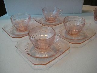 Set Of 4 Jeanette Adam Pink Depression Glass Round Cups Square Saucers " Rare "