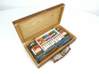 Rare Vtg 60s Sears Vincent Price Oil Paints In Wooden Case W/ Oil Painting Guide