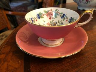 Rare Vintage Aynsley Tea Cup & Saucer Pink Floral Pattern W/birds England