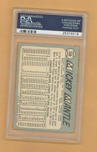 MICKEY MANTLE 1965 TOPPS BASEBALL CARD 350 PSA GRADED 3 VG YANKEES RARE 2