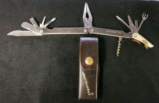 Rare Leatherman Flair Multi Tool W/ Leather Case Scissors Corkscrew Knife Fork