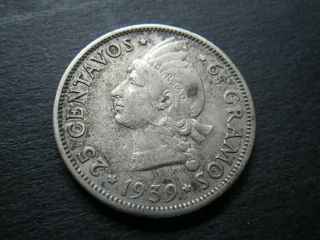 Dominican Republic 1939 25 Centavos (gfine - Avf) Rare Date