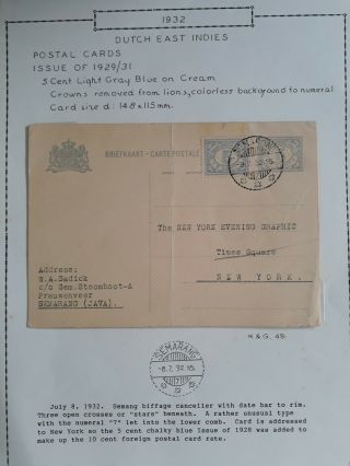 Rare 1932 Netherlands Indies 5c Stamped Postcard With Semarang Cancel To Usa