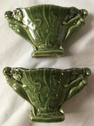 2 X Wade Green Mermaid Seahorse Posy Vases Vintage Pair Rare Collectables