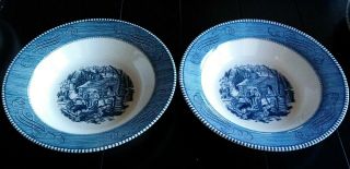 Rare Currier & Ives Royal China Blue Rim Soup Salad 9 " Bowls (2) Maple Sugaring