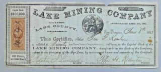 1863 Mining Stock Lake County California Rare Revenue Part Perf