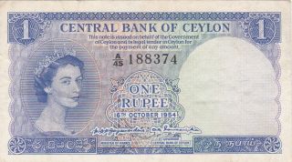 1 Rupee Very Fine Banknote From British Ceylon 1954 Pick - 49 Rare