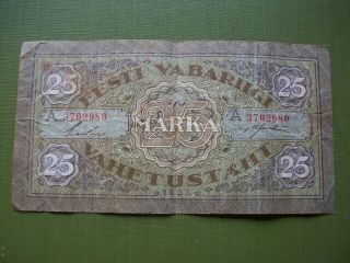 Very Rare,  1921,  Estonian - Estonia Banknote: 25 Marka.  Good Grade.