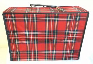 Awesome Rare Vintage Suitcase Train Case Luggage Plaid Red Tartan
