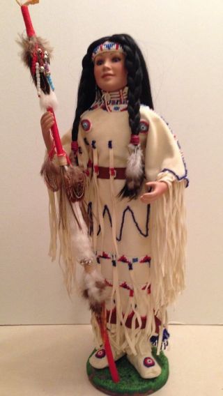Indian Doll Victory Dancer Porcelain Danbury Beaded Faux Leather Spear Rare