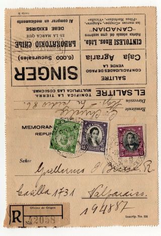 Chile 1929 Advertising On Registered Memorandum To Valparaiso Rare