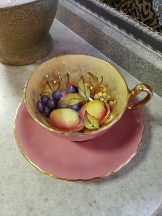 Rare Aynsley Gold Orchard Fruit Footed Tea Cup & Saucer - Signed By D.  Jones