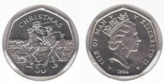 Isle Of Man - Rare 50 Pence Unc Coin 1994 Year Km 425 Christmas Boys With Pole