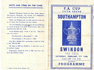 Southampton V Swindon Town 7 Feb 1948 Fa Cup 71 Years Ago Vgc Very Rare