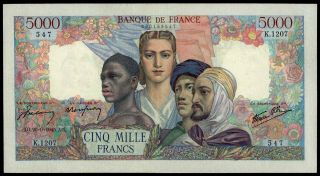 France 5000 Francs Empire Francais 1945 Vf,  Large Size Banknote Rare&
