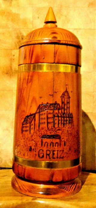 Rare Large Vintage Early German Greiz Wooden And Copper Barrel Tankard