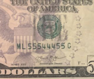 2013 Ml Series $5 Five Dollar Bill Fancy 5 Of A Kind Rare Binary Note Frn Cool