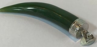 Rare Vintage Silver Pendant Of A Large Jade Coloured Horn Of Plenty Or Tooth
